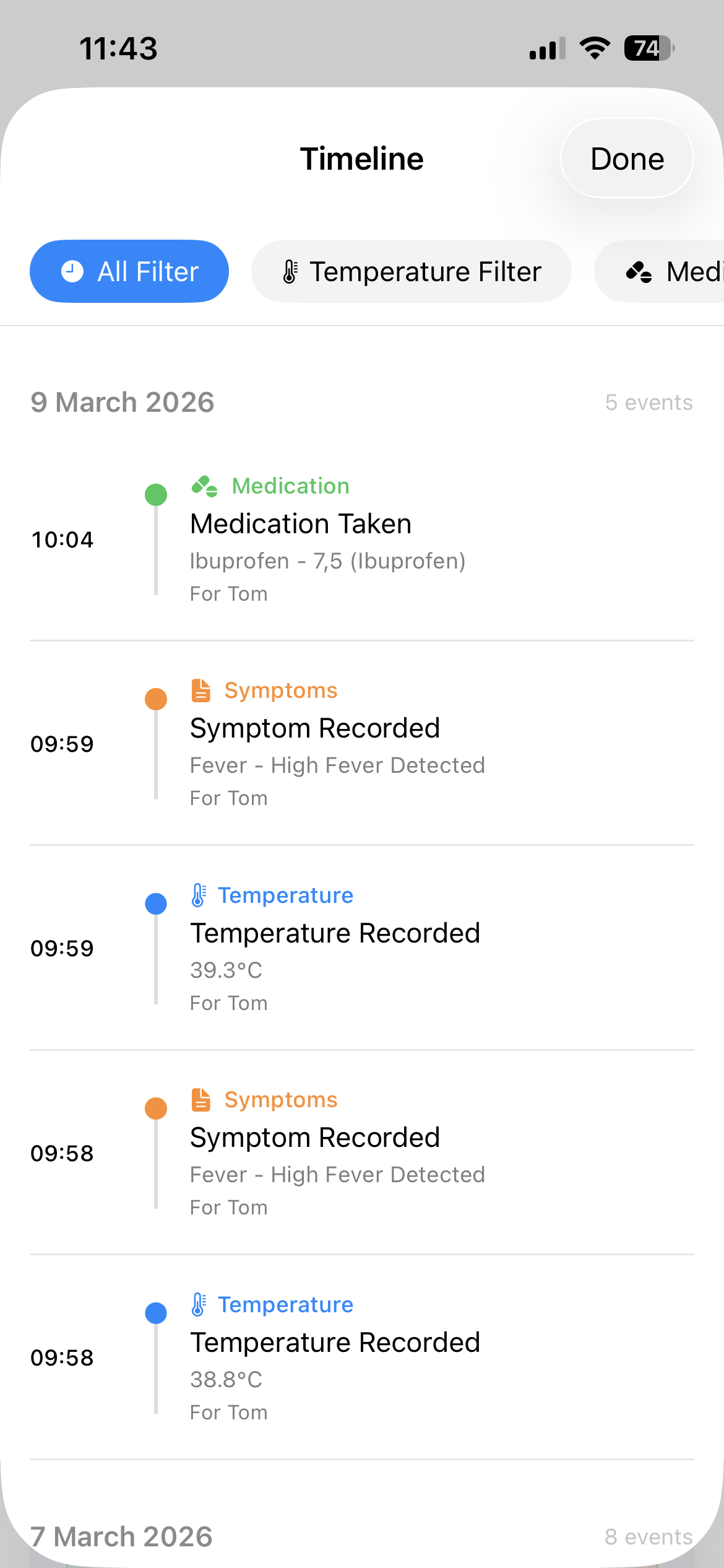 Illness timeline in KidCare Tracker showing symptoms, fever readings and medicine doses